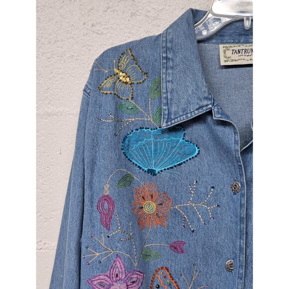 VTG Tantrums Embroidered Floral Denim Jacket Sz L Butterflies 90s Hippie Boho - Picture 5 of 16